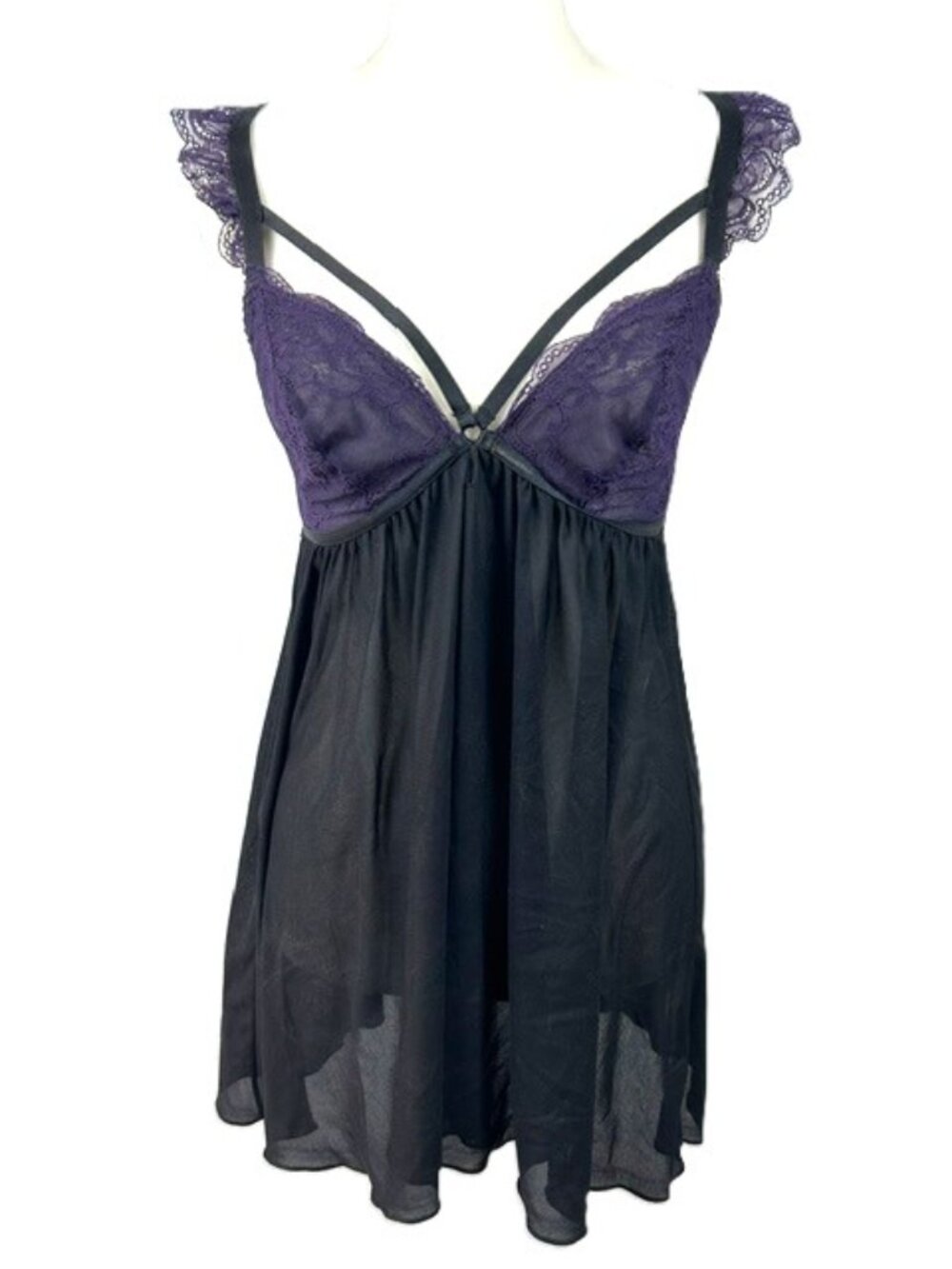 Torrid Dark Purple Lace & Black Mesh Strappy Babydoll Size 00 M/L 10 Coquette